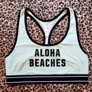 VS PINK Exclusive PINK NATION Aloha Beaches Pink Crop Racerback Sports Bra L EUC